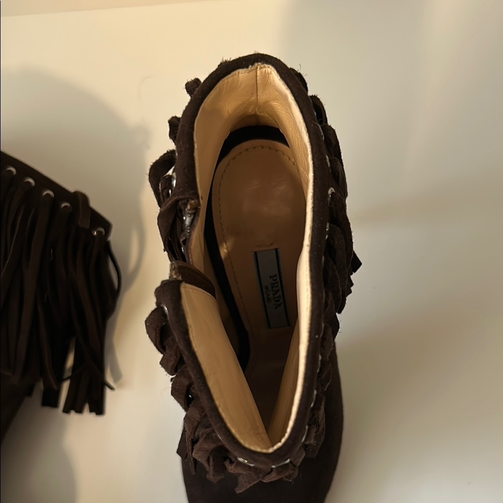 Fringed Brown High Heel Ankle Boots - Picture 2 of 6